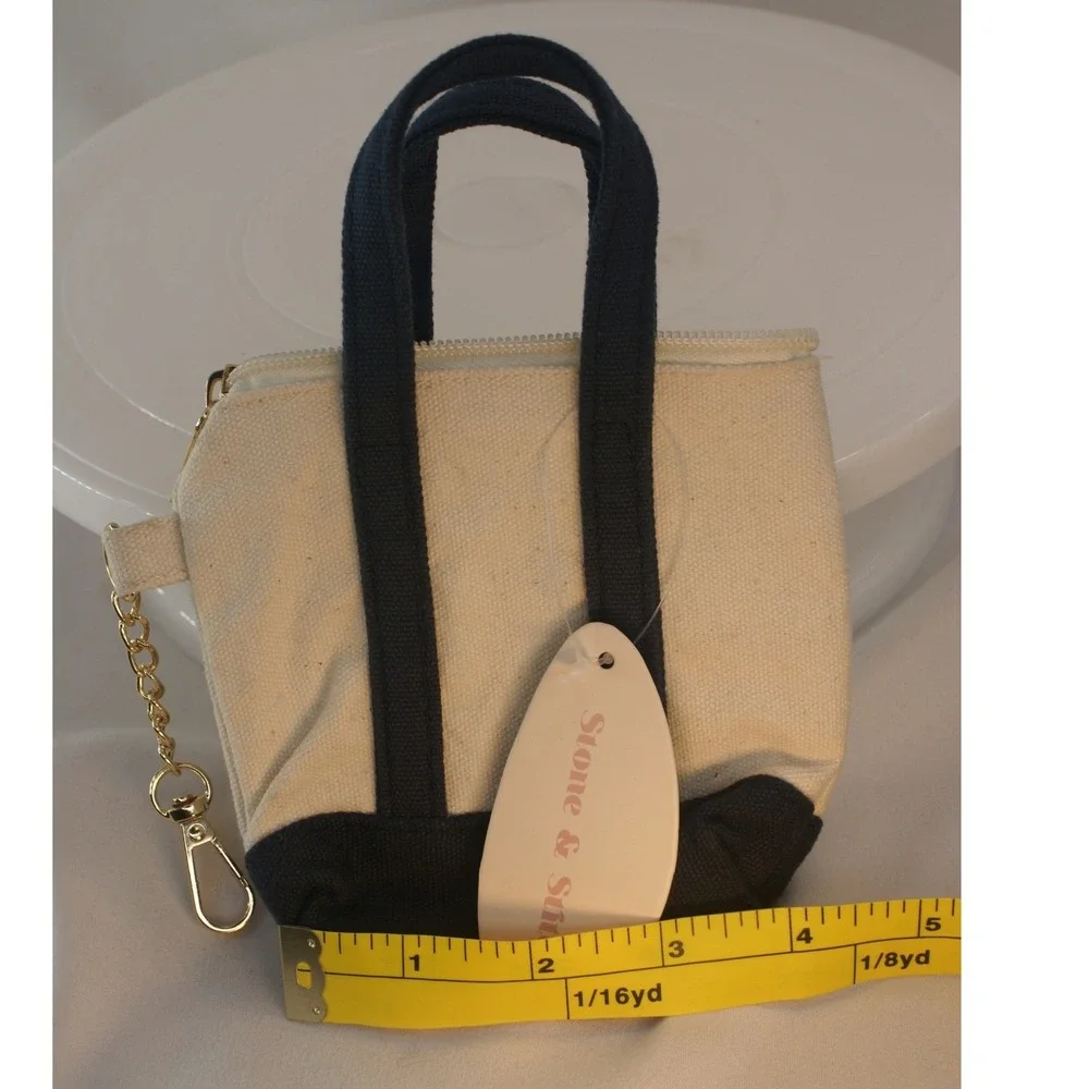 Stone &‎ Stitch Mini Canvas Tote Bag Keychain Pouch Cream Navy Blue Zippered